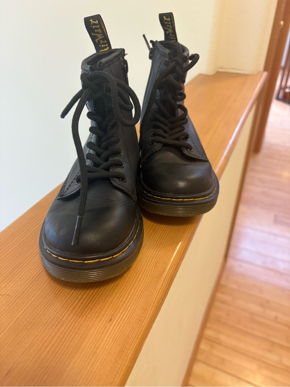 Kids boots: Dr. Martens Black Leather Kids Lace-Up Boots with Yellow Stitching